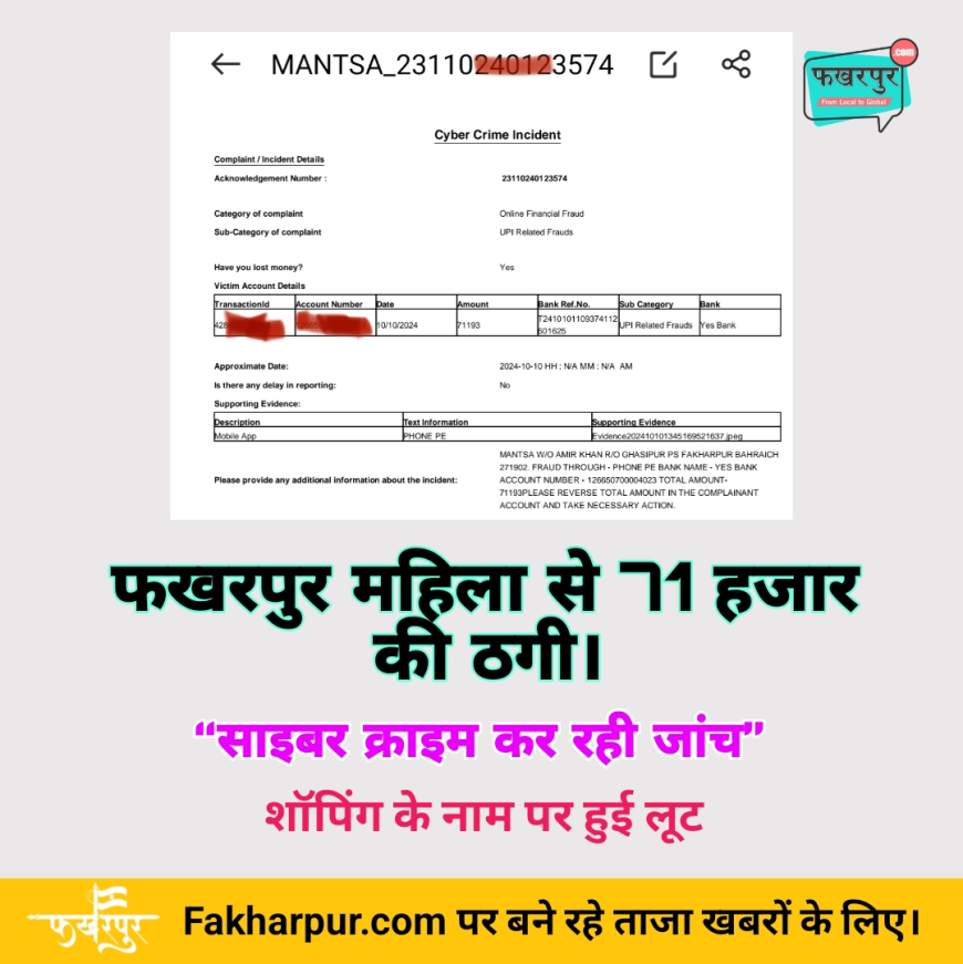 फखरपुर महिला से 71 हजार की ठगी: साइबर क्राइम कर रही जांच